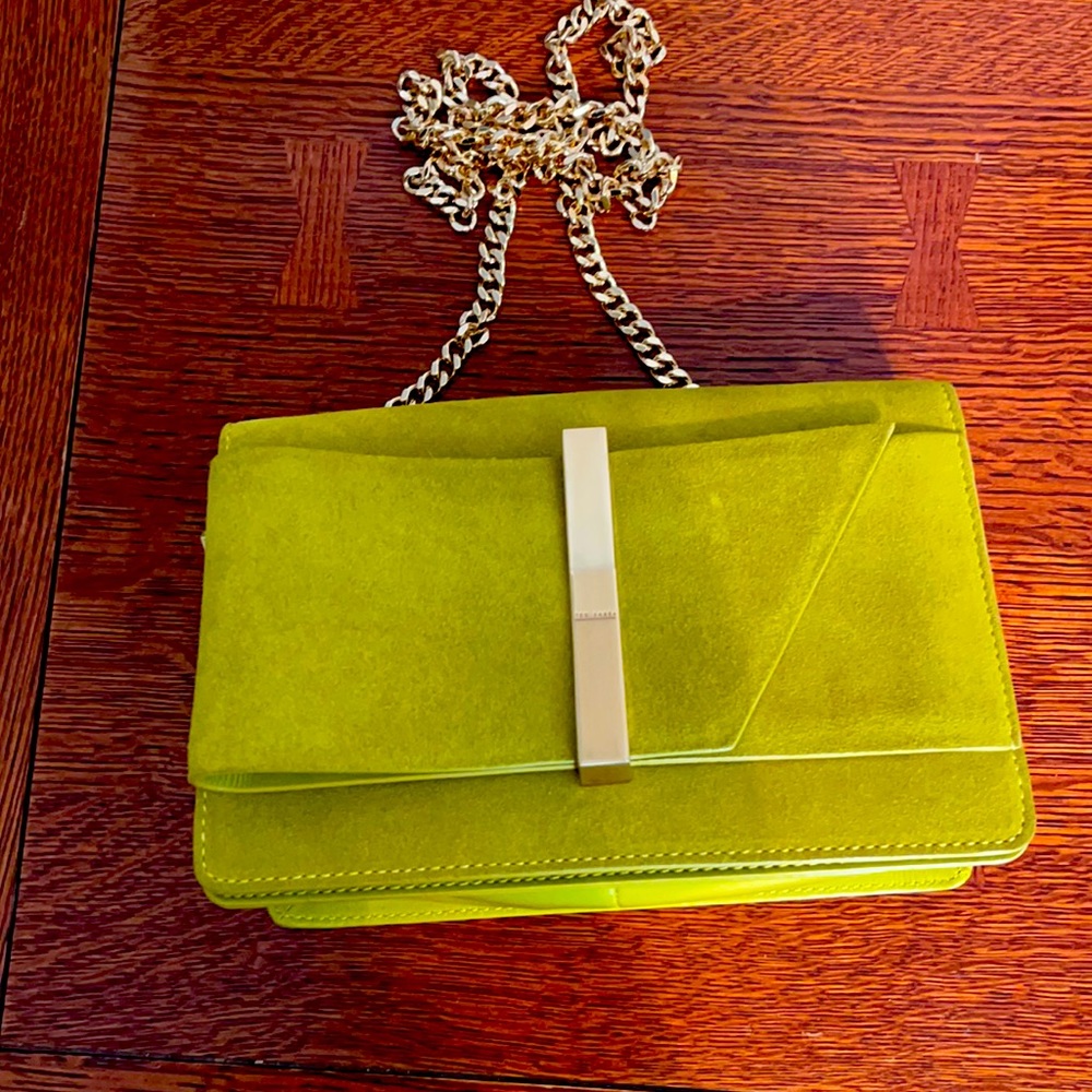 Ted Baker Ecru suede evening bag with chain strap.